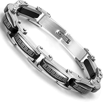 Urban Jewelry Men's 316L Stainless Steel Link Cuff Bracelets – Industrial Greek Pattern & Mechanical Style – Black & Silver Finish