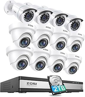 H.265+ 1080p 16 Channel Security Camera System, 16CH DVR with AI Human Vehicle Detect, 12 x 2MP Weatherproof Surveillance CCTV Bullet Dome Camera Outdoor, Night Vision, Remote Access, 2TB HDD