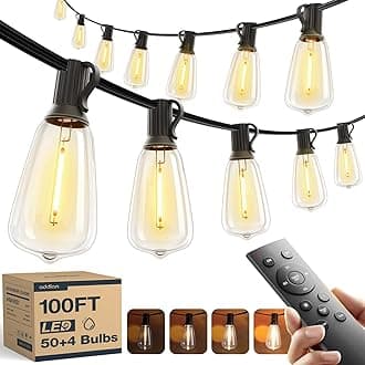 addlon 100FT(50FT*2) LED Outdoor String Lights with Remote Waterproof Patio Lights with 54 Shatterproof ST38 Replaceable Bulbs(4 Spare), Dimmable Outside Hanging Lights Connectable for Porch, Backyard