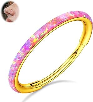 BodyBonita Hinged Opal Nose Rings Hoops - 16G/18G/20G 316L Surgical Steel Hinged Hoop Nose Rings for Women Septum Rings Conch Helix Daith Piercing Jewelry Purple/Pink/Blue/White 10mm/8mm Silver/Gold