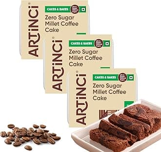 Artinci Eggless Coffee Cake (150g X Pack of 3), Sugar Free & Diabetic Friendly, Rich Filter Coffee Taste, High Fibre & Low Carb, No Maida, Low GI, Healthy Baked Snacks, As seen on Shark Tank