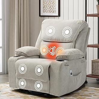 Recliner Chair with Massage& Heat Extended Footrest Armchair Padded Seat Manual Adjustable Legrest and Backrest with Cup Holders for Living Room Bedroom Home Cafe 360° Swivel, Rocking Function, Beige
