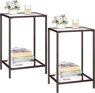 Side Tables Set of 2, End Tables with Tempered Glass, 2-Tier Nightstands with Storage Shelves, Coffee Table with Modern Style, Slim Sofa Table for Living Room, Bedroom, 11.8" D x 15" W, Brown