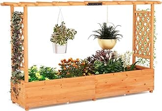 – COSTWAY Garden Planter with Trellis, Hanging Roof and Drainage Holes, Weather-Resistant Wooden Raised Bed for Vine Climbing Plants, Outdoor Trough Container Grow Box Flower Pot (Orange, 200x44x114cm)