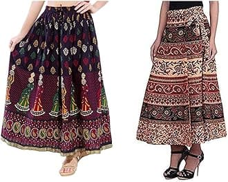 Women's Combo Jaipuri Sanganeri Print, Rajasthani Jaipuri Women Long Mandala Hand Block Fashion Skirt