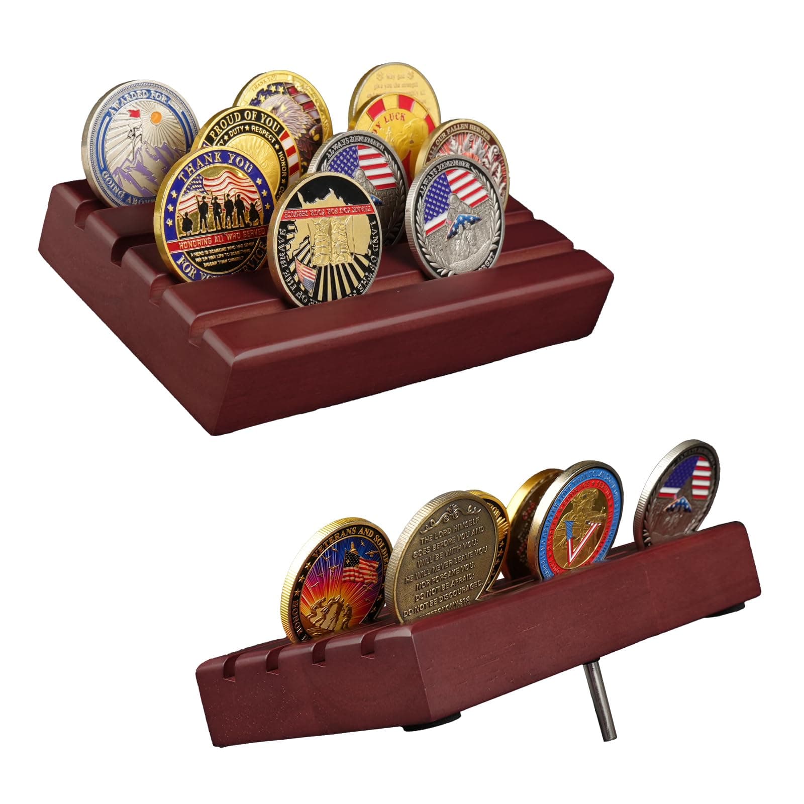 Small Military Challenge Coins Display Holder Solid Wood Challenge Coin Stand Holds 10-12 Coins, 4 Row Coin Holder Rack for Desk, Challenge Coin Display Case ,Red Finish
