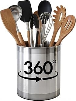 Cooler Kitchen Extra Large Rotating Stainless Steel Utensil Holder Caddy with Sturdy No-Tip Weighted Base, Removable Divider, and Gripped Insert Dishwasher Safe