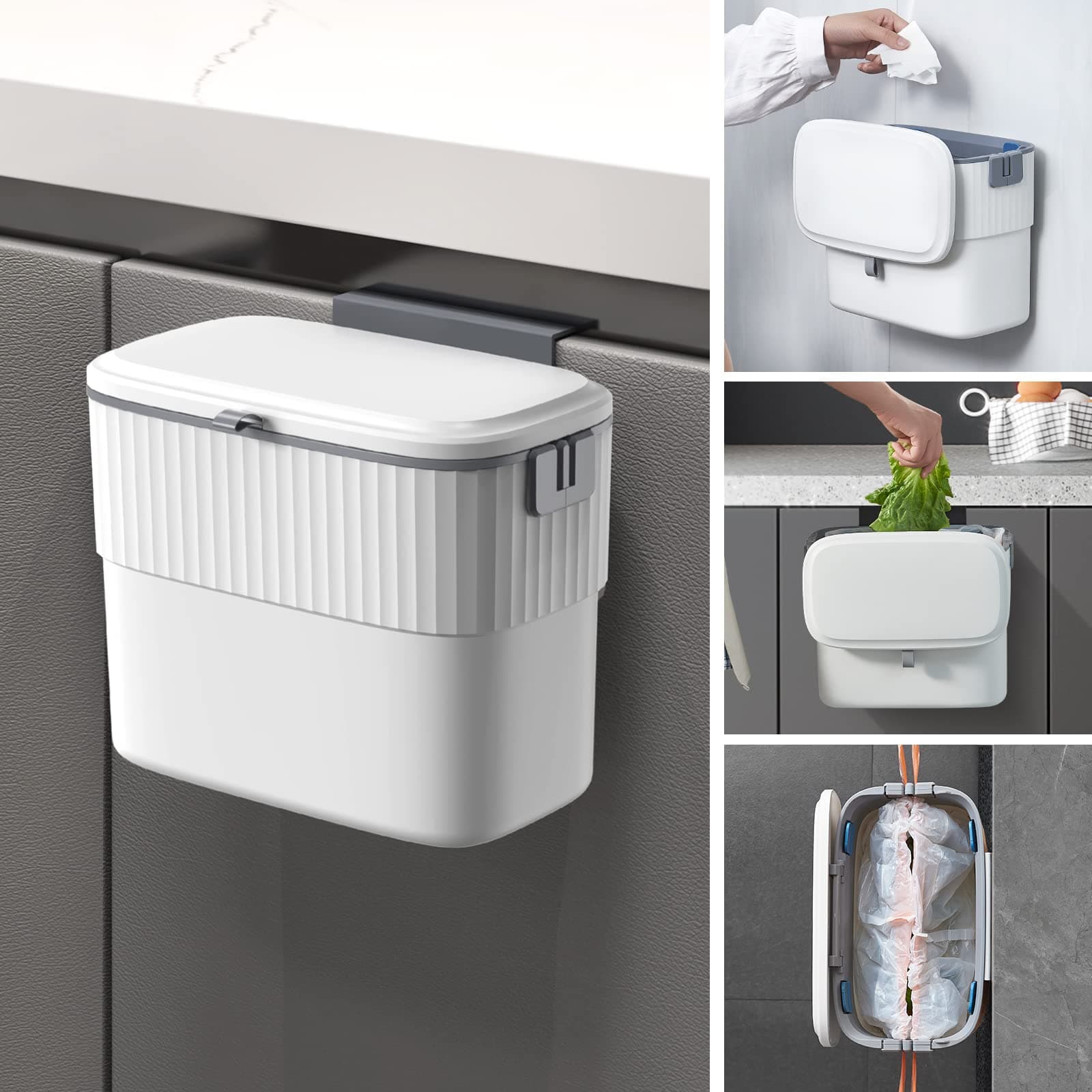 ELPHECO Kitchen Compost Bin with Lid 1.8 Gallon Hanging Trash Can with Lid, 7 Liter Wall-Mounted Garbage Can for Kitchen Cabinet Door, Small Under Sink Trash Can for Cupboard, Bathroom, Office