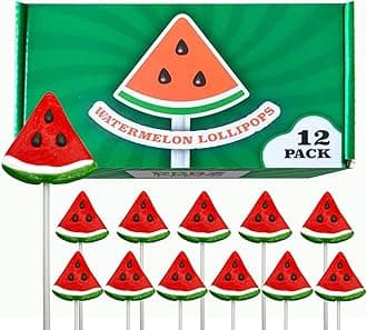 Watermelon Candy Lollipops - 12 Suckers Individually Wrapped - Summer Party Favors - Pool Party Treats - BBQ - Goodie Bags for Kids Birthday Party - Wedding Party Candy Buffet - Hand Decorated Pops