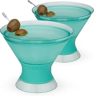 Freeze Insulated Martini Cooling Cups, Plastic Freezer Gel Chiller Double Wall Stemless Cocktail Glass Set of 2 9oz, Tinted Aqua Blue, Green