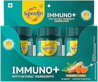 Supradyn Immuno +, Multivitamin, Natural immunity booster with Vit C, Vit D, Zinc, Unique blend of Tulsi, Turmeric, Shatavari & Ashoka (90 Tabs)