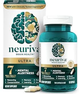 NEURIVA Ultra Decaffeinated Clinically Tested Nootropic Brain Supplement for Mental Alertness, Memory, Focus & Concentration, Cognivive, Neurofactor, Phosphatidylserine, Vitamins B6 B12, 60 Capsules