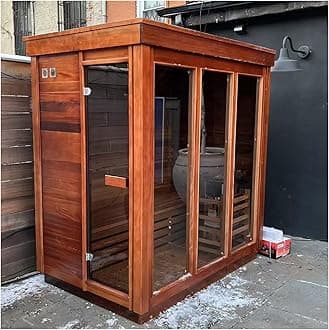 Smartmak Outdoor Steam Sauna, 4 Person Canadian Red Cedar Wood Sauna Room, Traditional Saunas with 220V ETL-Certified Heater, Backrest Headrest, Rocks, Light Included, 195℉