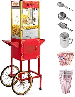 ROVSUN Popcorn Machine Movie Theater Style with Cart & Wheels, 8 Ounce Kettle Makes Up to 32 Cups Popcorn Maker with Popcorn Scoop, Oil Spoon & 3 Popcorn Cups for Commercial Home, ETL, Red