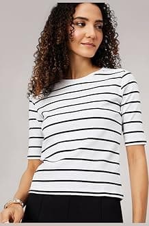 Max Women's Cotton Polyester Elastane Striped Regular Fit T-Shirt