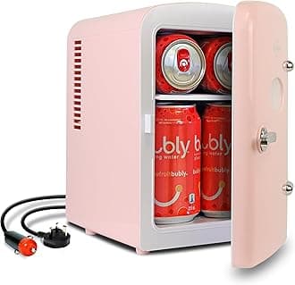 Koolatron Retro Mini Fridge For Bedrooms 4L Small Fridge 6 Can Table Top Fridge Quiet Mini Fridges For Skincare Food Drinks Kids Home Car & Travel 12v Portable Cooler Refrigerator, Pink