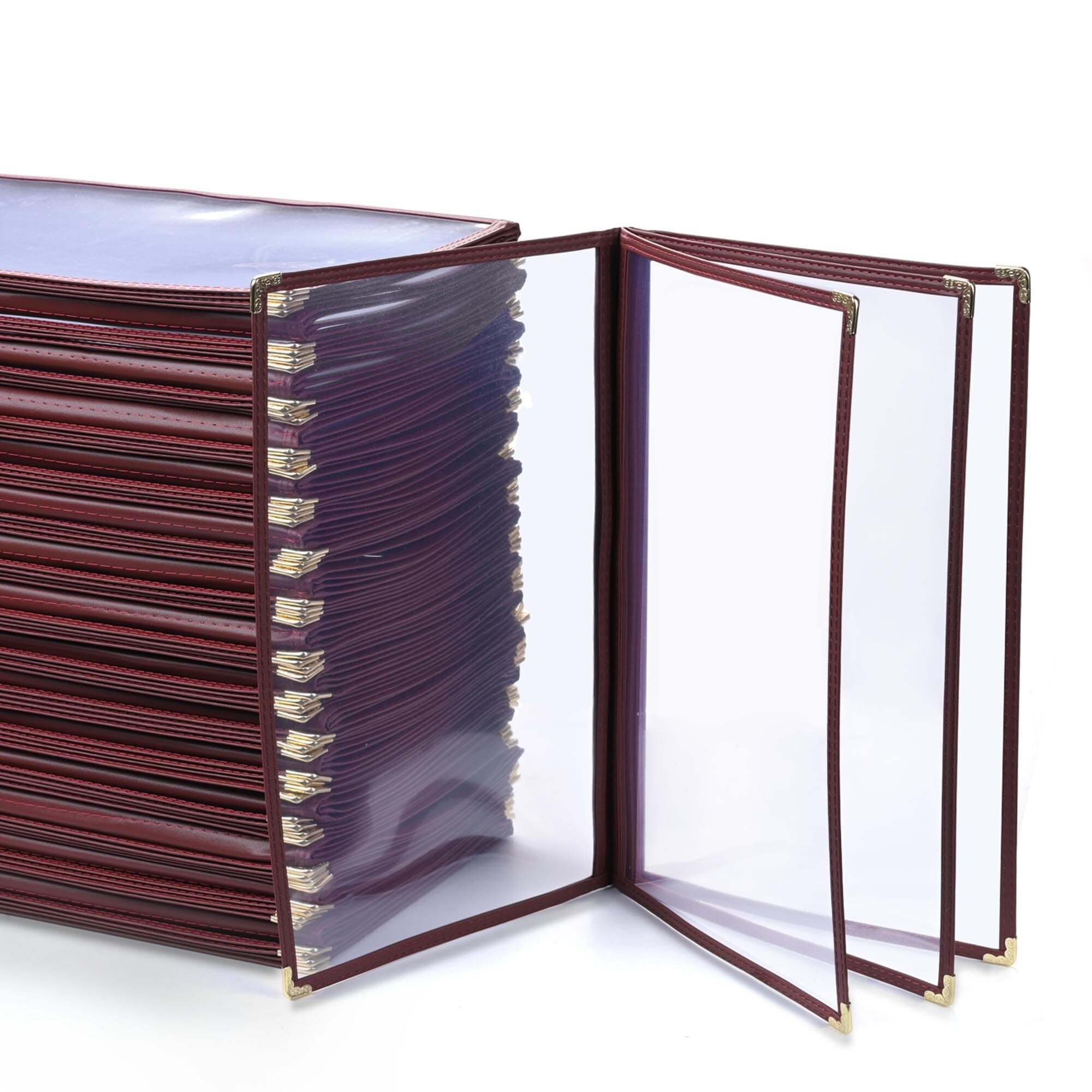 WeChef 30 Pack Restaurant Menu Covers 8.5 x 14" Book Style 4 Page 8 View PVC Transparent Double Stitch Menu Holder Book Cafe Hotel Bar Burgundy