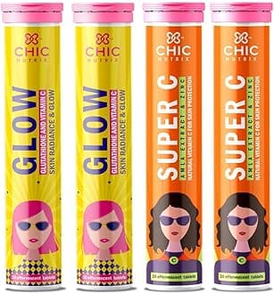 CHICNUTRIX Glow + Super C - Japanese Glutathione 500 Mg - Natural Amla Extract Vitamin C + Zinc - 20 Effervescent Tablets Each, Pack Of 4 - Strawberry Lemon Flavour, Fizzy Orange Flavour