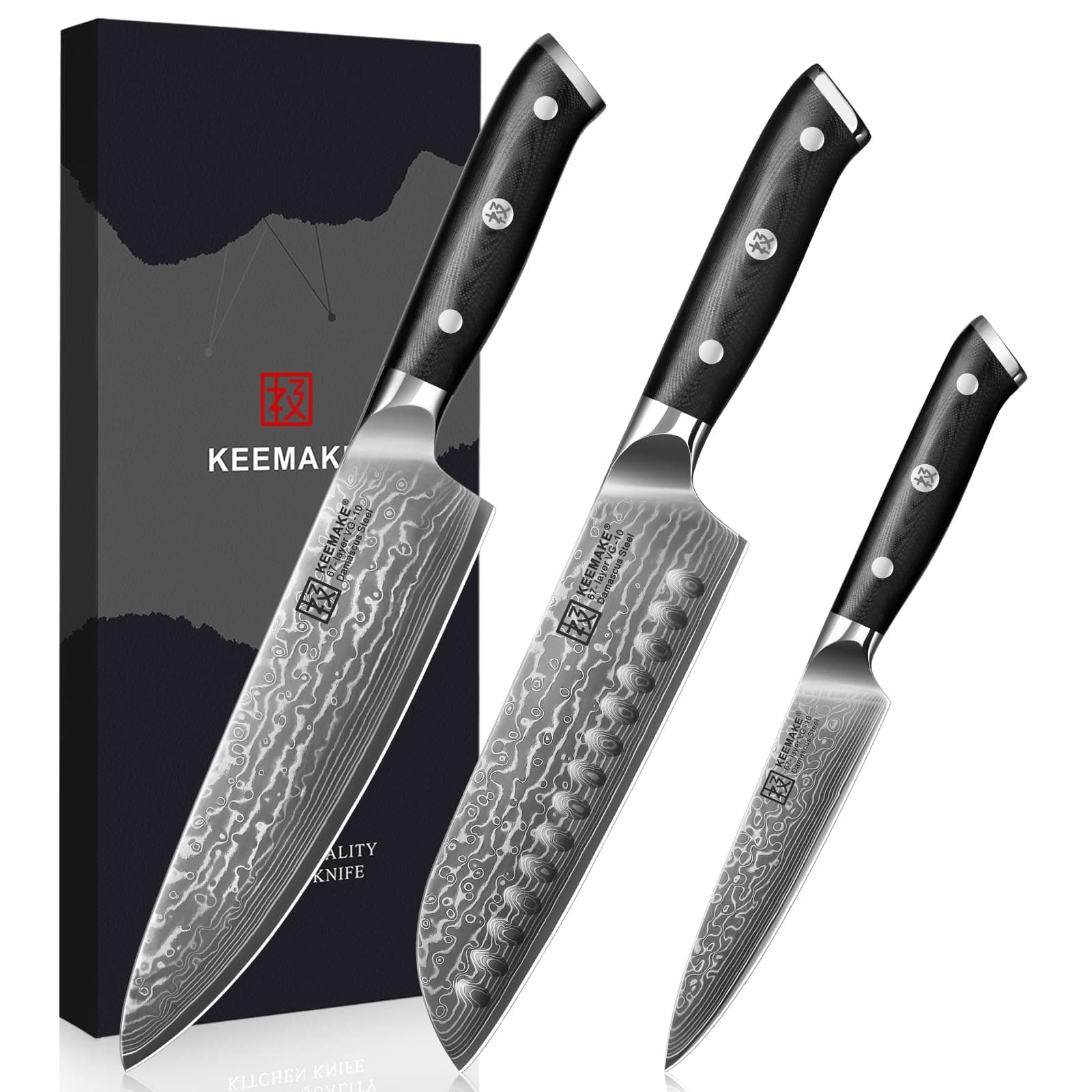 KEEMAKE Damascus Kitchen Knife Set 3 PCS, Sharp Knives Set for Kitchen, 67 Layers Damascus Chef Knives, Japanese Knife Sets with Full Tang Ergonomic Handle, Kitchen Knives for Meat Vegetable