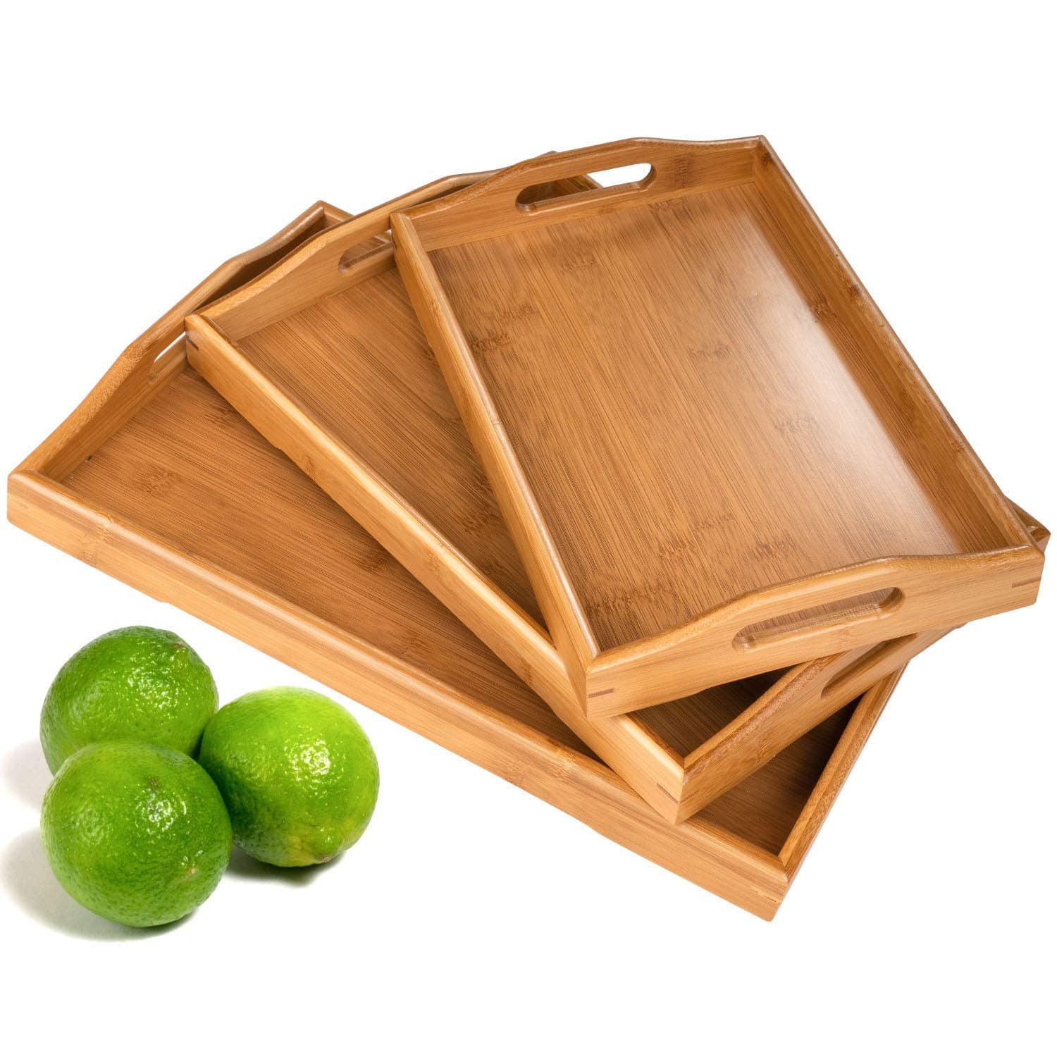 Showay 3 Pack Serving Tray,Large Bamboo Serving Tray With Handles Wood Serving Tray Set For Coffee,Food,Breakfast,Dinner