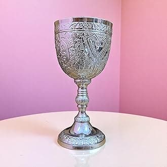 Handmade Gothic Theme Embossed Glass Vintage Cup Silver Finish Chalice Goblet Cup (Pack of 1)