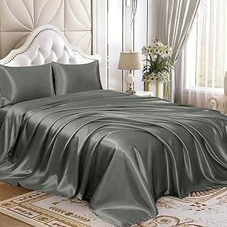 Homiest 4pcs Satin Sheets Set Luxury Silky Satin Bedding Set with Deep Pocket, 1 Fitted Sheet + 1 Flat Sheet + 2 Pillowcases (King Size, Dark Grey)