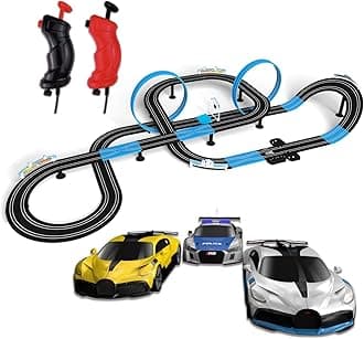 Slot Car Race Track Set, High Speed Series Tram Dual Track Set with 4 Licensed Racing Slot Cars, 2 Hand Controls, Track Parts and Lap Counter, 8.4M Long Track