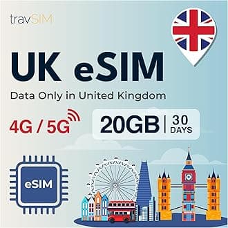 travSIM UK eSIM | 20GB Data Plan Only | 4G/5G Speeds | Works Throughout The UK | eSIM for UK is Valid for 30 Days