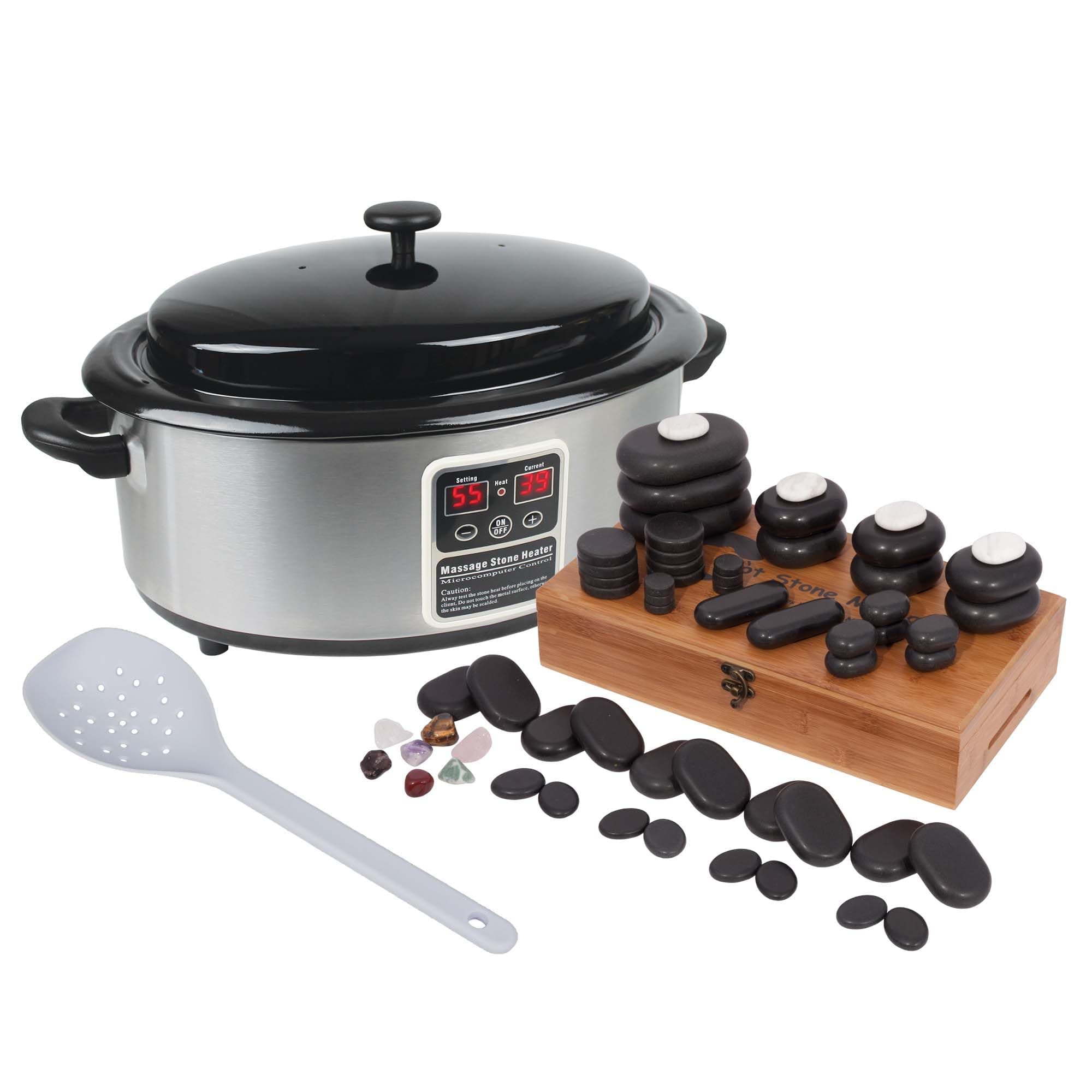 PHYSIQUE Hot Stone Massage Kit with a 6 Quart Digital Stone Heater (Box of 60 Volcanic Basalt Stones) For Home or Professional Use, Spa, Massage Therapy, Sports Massage and Relaxation With Large Spoon