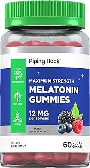 Piping Rock Melatonin Gummies 12mg | 60 Count | Maximum Strength Supplement for Adults | Berry Flavor | Vegan, Non-GMO, Gluten Free