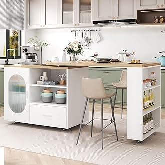 HSH 72.4” Rolling Kitchen Island with Swivel Table, Storage Cabinet, Drawers & Shelves, White Modern Mobile Island Cart on Wheels, Farmhouse Wood Island Table for Kitchen, Dining Room, Home Bar