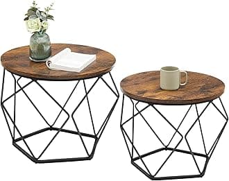 Small Coffee Table Set of 2, Round Coffee Table with Steel Frame, Side End Table for Living Room, Bedroom, Office, Rustic Brown and Ink Black | Living Room, Bedroom, Office