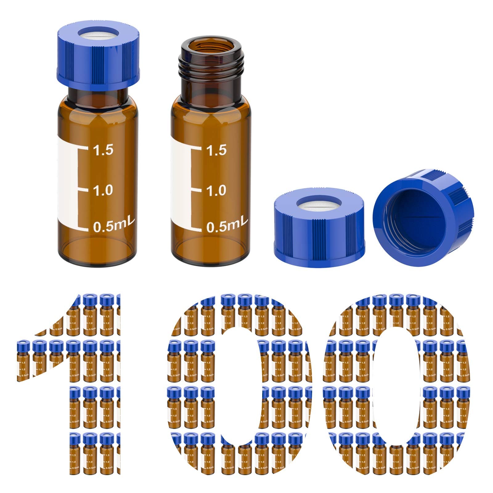 Autosampler Vials, 2ml HPLC Vials, 9-425 Lab Amber Vials with Write-on Spot and Graduations, 9mm Blue ABS Screw Caps & Septa for GC Sample Vials, 100 Pcs
