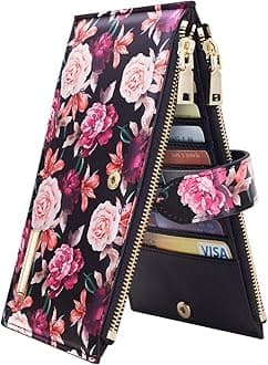 Wallets for Women Rose Flowers Floral Wallet Multi Card Organizer Bifold Wallet with Zipper Pocket,Black