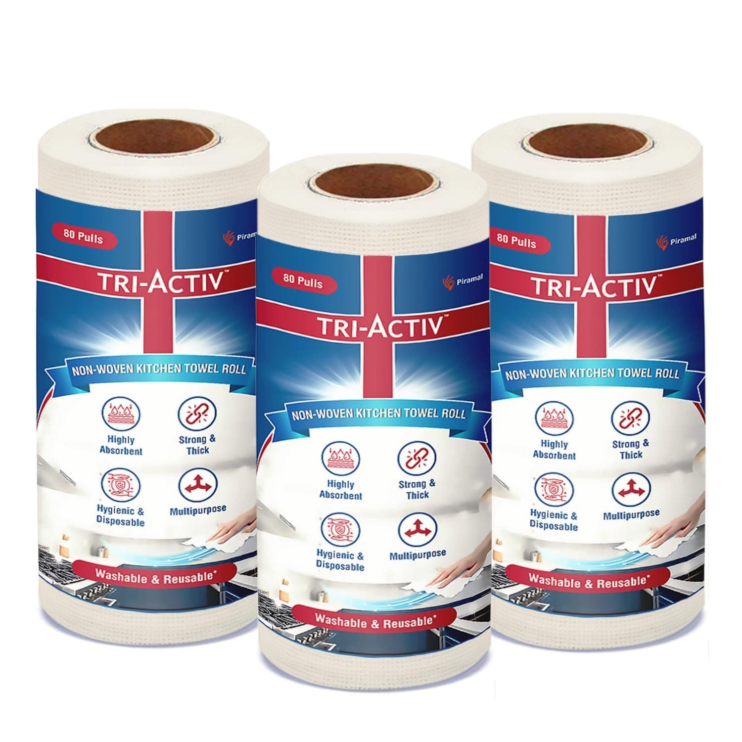 Tri-Activ Washable & Reusable Kitchen Towel Roll | 80 Pulls per Roll, 240 Sheets Pack of 3 | Highly Absorbent Kitchen Tissue Roll | Non Woven Fabric | Better alternative to Paper Tissue Roll | White