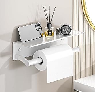 White Paper Towel Holder Wall Mount with Shelf for Bathroom, Matte White Adhesive Hand Towel Holder for Bathroom Kitchen RV