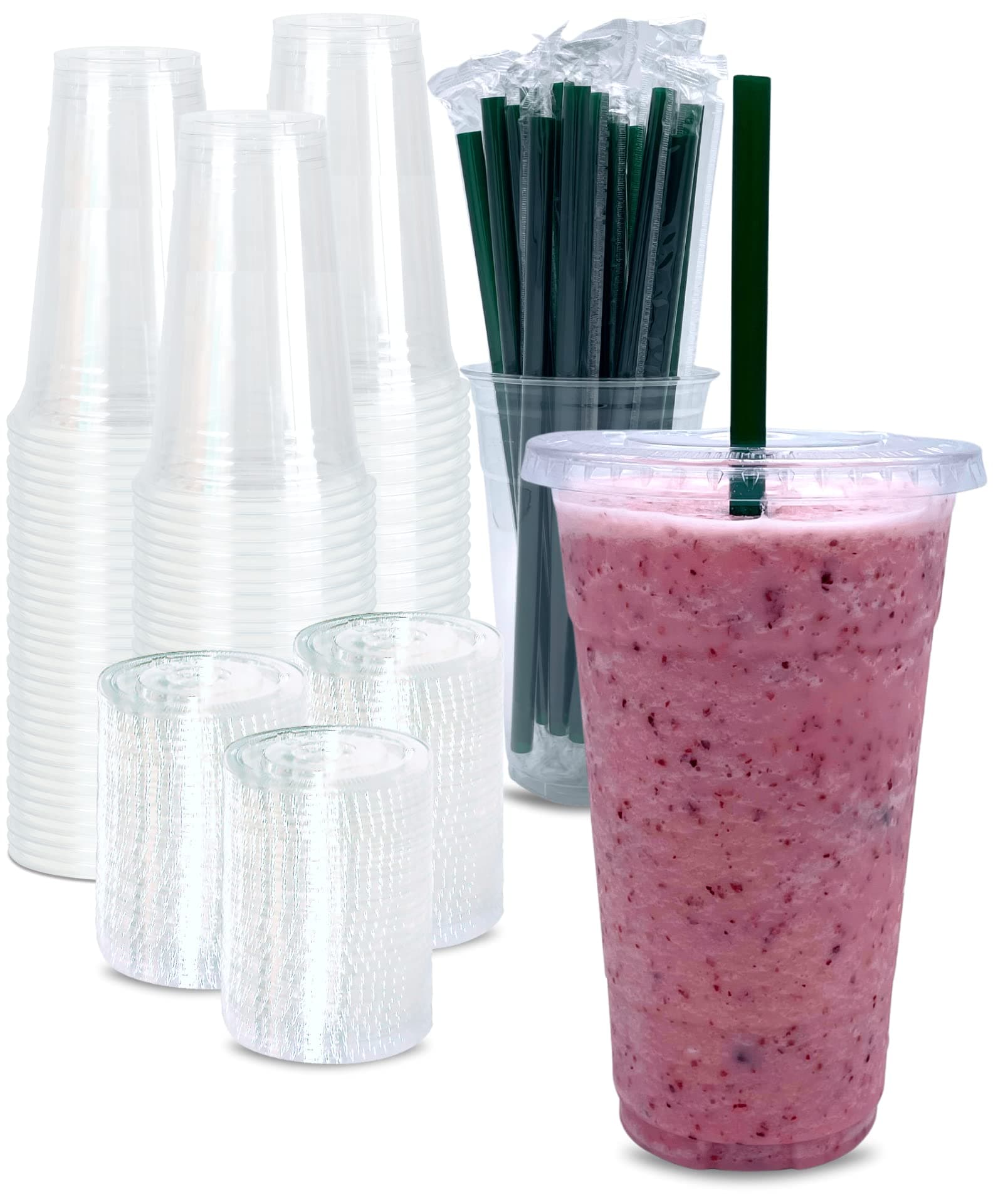 24 oz clear plastic cups with lids & straws