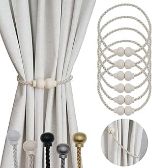 6 Pack Magnetic Curtain Tiebacks Modern Handmade Rope Curtain Tie Backs Decorative Drapes Weave Holdbacks for Home Outdoor Bedroom Office Decorative Curtain, Beige