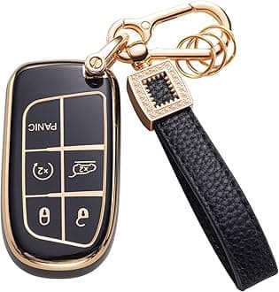 for Jeep Key Fob Cover with Leather Lanyard, Car Key Fob Case Compatible with Jeep Grand Cherokee Renegade Chrysler Dodge Charge Smart Key Protector Holder