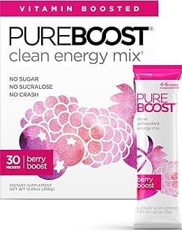 Pureboost Clean Energy Booster, Refreshing Energy Drink Mix with B12 Vitamins, Electrolytes, Antioxidants, Sugar-Free with No Sucralose (Berry Boost, 30 Count)