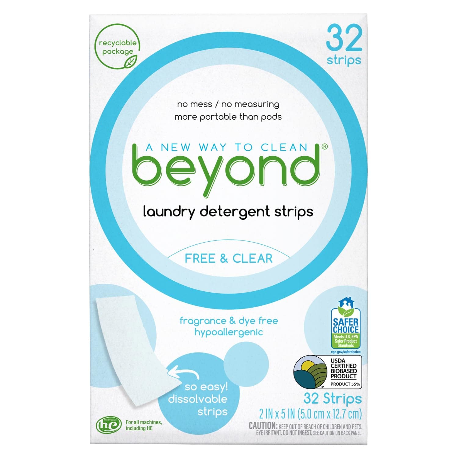 Laundry Detergent Strips [32 strips] - Free & Clear - Eco-friendly, Hypoallergenic. Travel friendly. Dissolvable Strips.