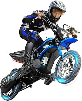 ELEMARA Electric Dirt Bike, 24V Ride on Toys for Big Kids, 350W Kids Motorcycle with Music & Bluetooth, 15.5 mph & 150lb Max, Twist-Grip Throttle & Hand-Operated Rear Brake, 12" Air-Filled Tires-Blue