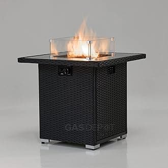 REALGLOW Coreglass Rattan Gas Square Fire Pit - Heat Adjustable 13KW Outdoor Fire Pit - Standing & Table Use - Easy Ignition - 27mm Regulator, Black