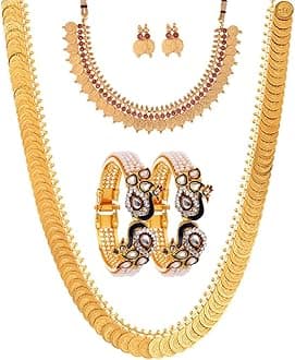 Zeneme Jewellery Set Gold Plated Pearl Studded Bangles Jewelry, Long Maharani Temple Coin Necklace, Short Red Green Necklace Set with Earring Jewellery for Women and Girl
