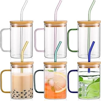 Rtteri 6 Set Square Glass Cups Drinking Glasses with Bamboo Lid Straw and Handle Portable Coffee Mugs for Graduation Party Mother's Day Gifts(Multicolor, 18 oz, Large)