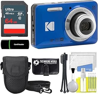 Kodak PIXPRO FZ55 16MP Blue Digital Camera, 5X Optical Zoom, 28mm Wide Angle, 1080P, 2.7" Full HD LCD Camera, 64GB Card & Reader + Case + Memory Wallet +