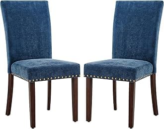 COLAMY Upholstered Parsons Dining Chairs Set of 4, Fabric Dining Room Kitchen Side Chair with Nailhead Trim and Wood Legs - Dark Blue