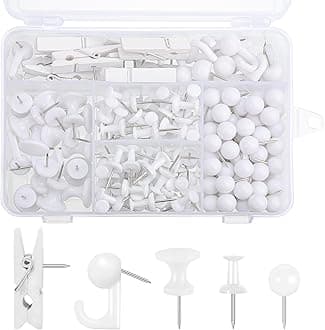 BESARME 200 Pieces Push Pins Set, 5 Types White Thumb Tacks Cute Decorative Push Pins for Wall Cork Board Bulletin Boards with Storage Box