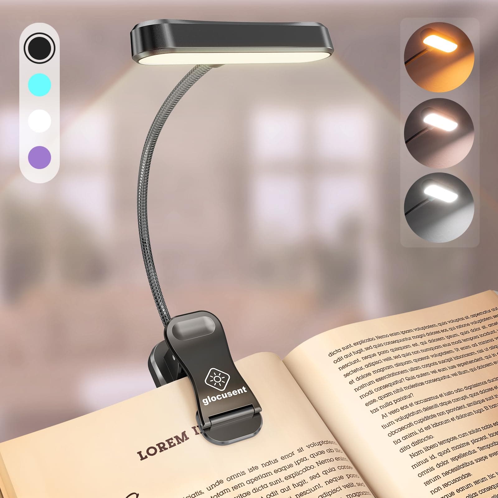 Horizontal ET-Head Book Light for Reading in Bed, Eye Caring, CRI 95, 3 Colors & 5 Brightness, Rechargeable Long Lasting Reading Light, 1.8Oz Lightweight & Portable, Perfect for Book Lovers