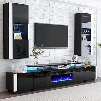 AMERLIFE Wall Unit Entertainment Center with Fireplace and Bookshelves, Includes 70" 2-Tier Fireplace TV Stand, 2 x Wall Cabinets & 2 x End Tables, Modern LED Lights TV Console for Living Room, Black